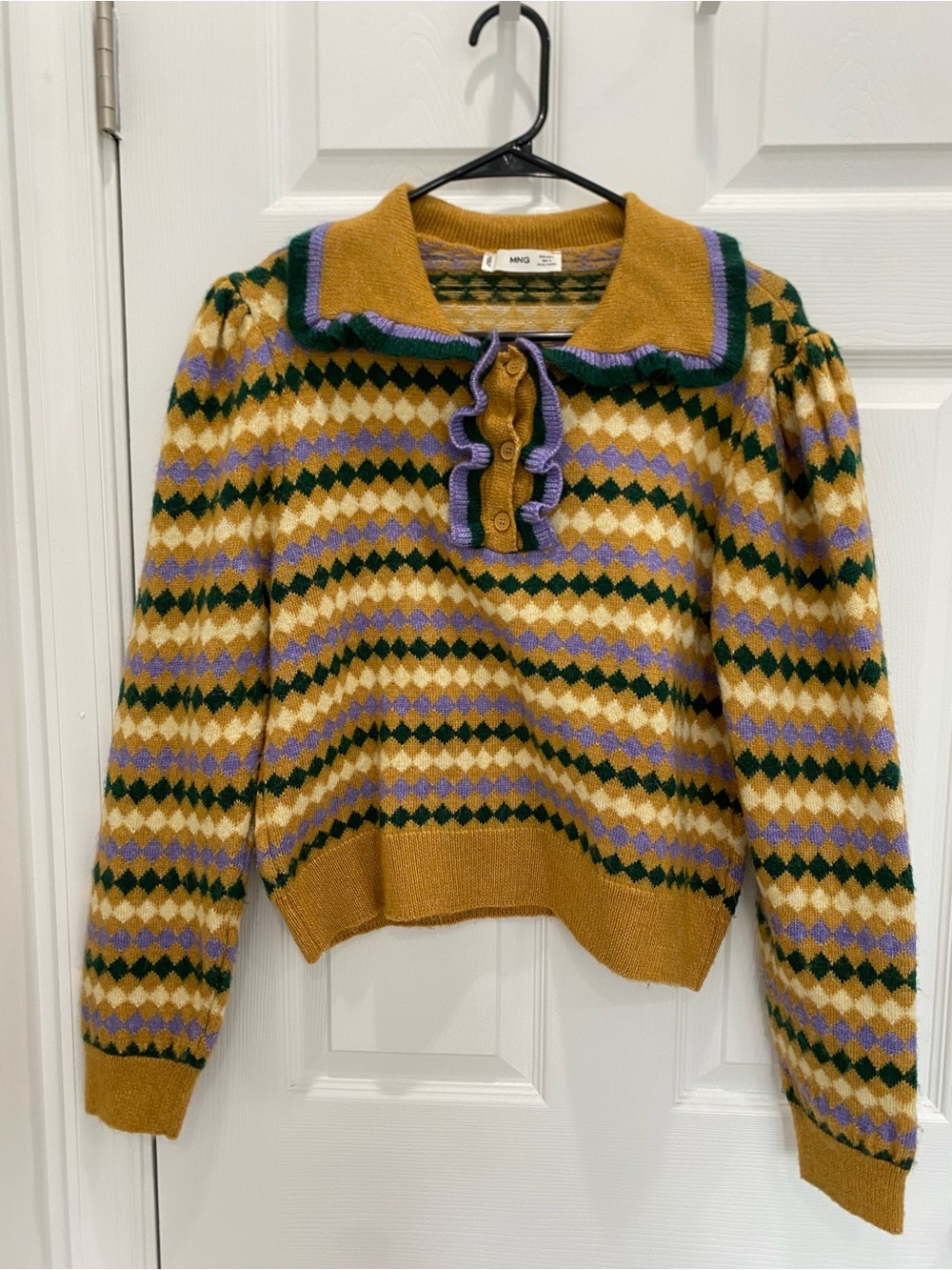 Mango Mustard Multi-Color Argyle Collar Sweater